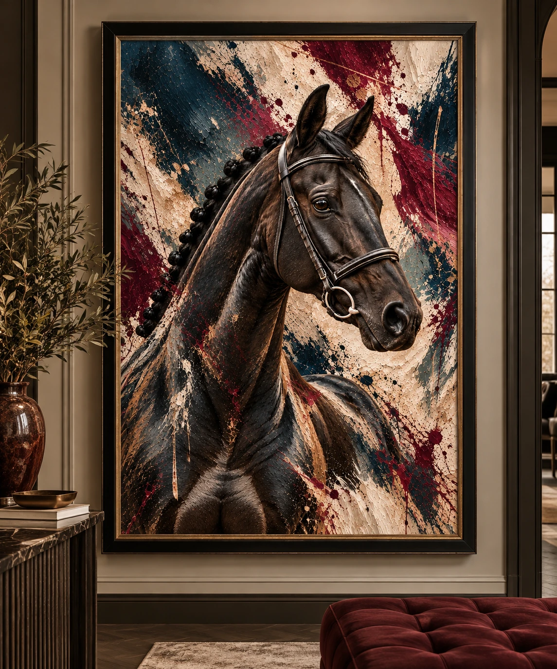 Large-format equestrian commission framed and placed